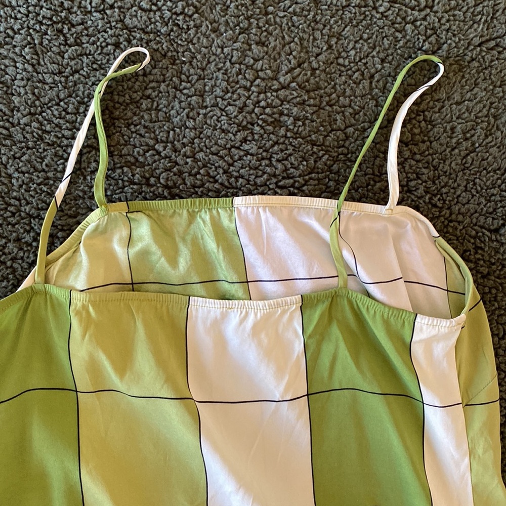 Silk Halter Crop Top Lime Green Print Plaid Summer Tube with Straps Y2K bow tie - Picture 9 of 11